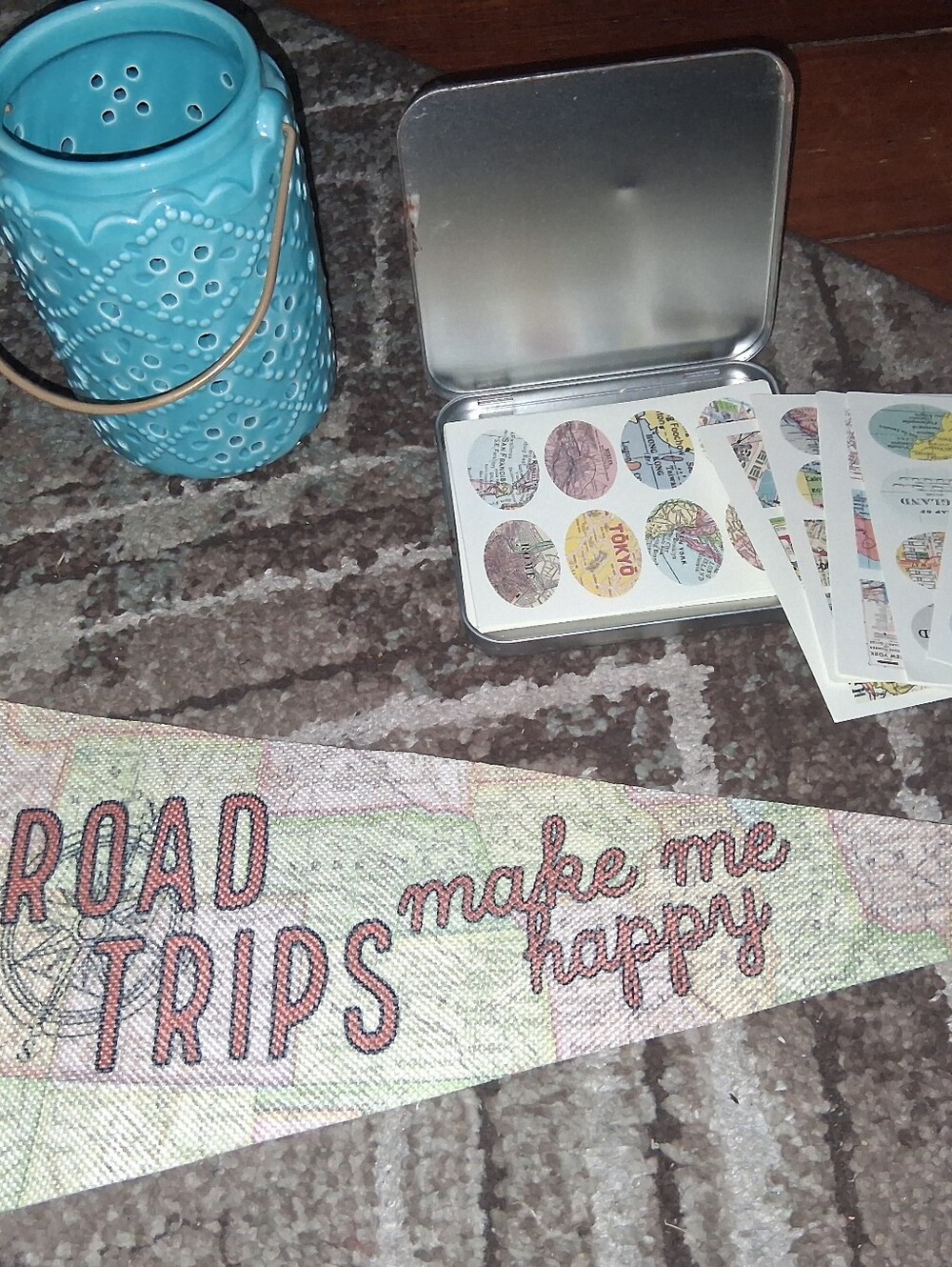 Road Trips Make Me Happy Banner - Teal Accent Candle Holder & Map Stickers